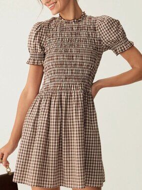 RIHOAS Coffee Plaid Shirred Puffed Sleeve Midi Dress